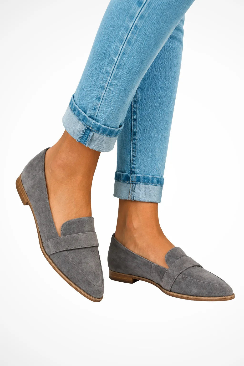 Grey suede pointed toe loafer, front view