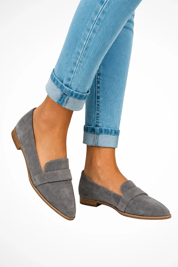 Grey suede pointed toe loafer, front view