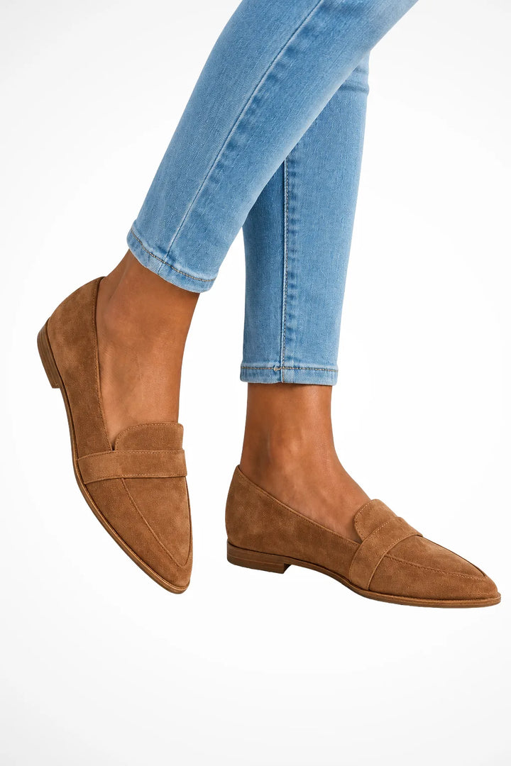 Khaki suede pointed toe loafer, front view