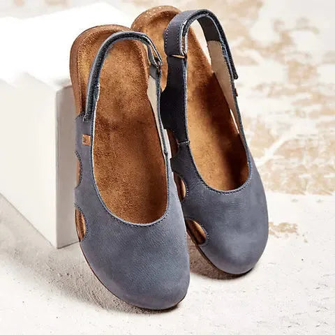 Gray cutout slingback sandal, side profile view