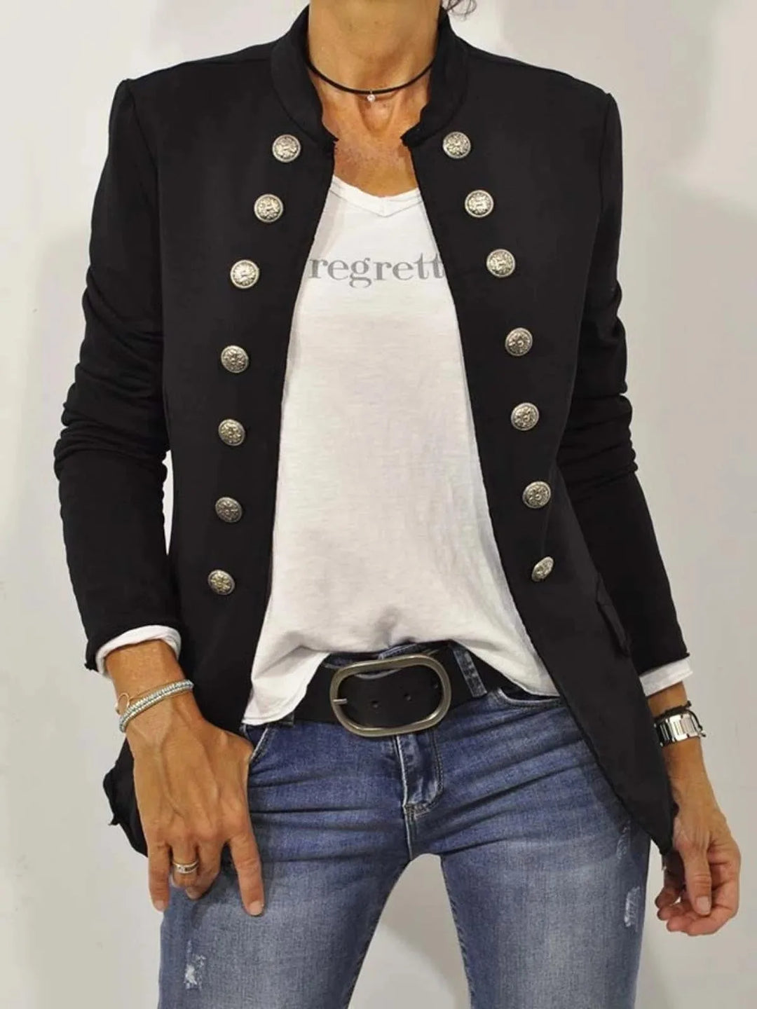 Black double-breasted military blazer on a standing model, front view
