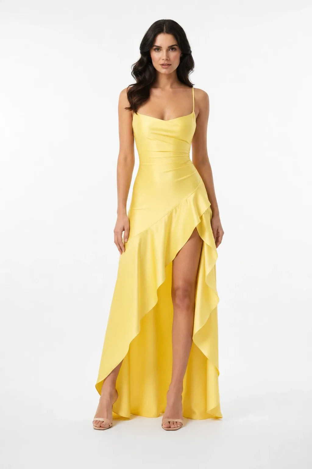 Yellow ruched satin gown on model in contrapposto stance