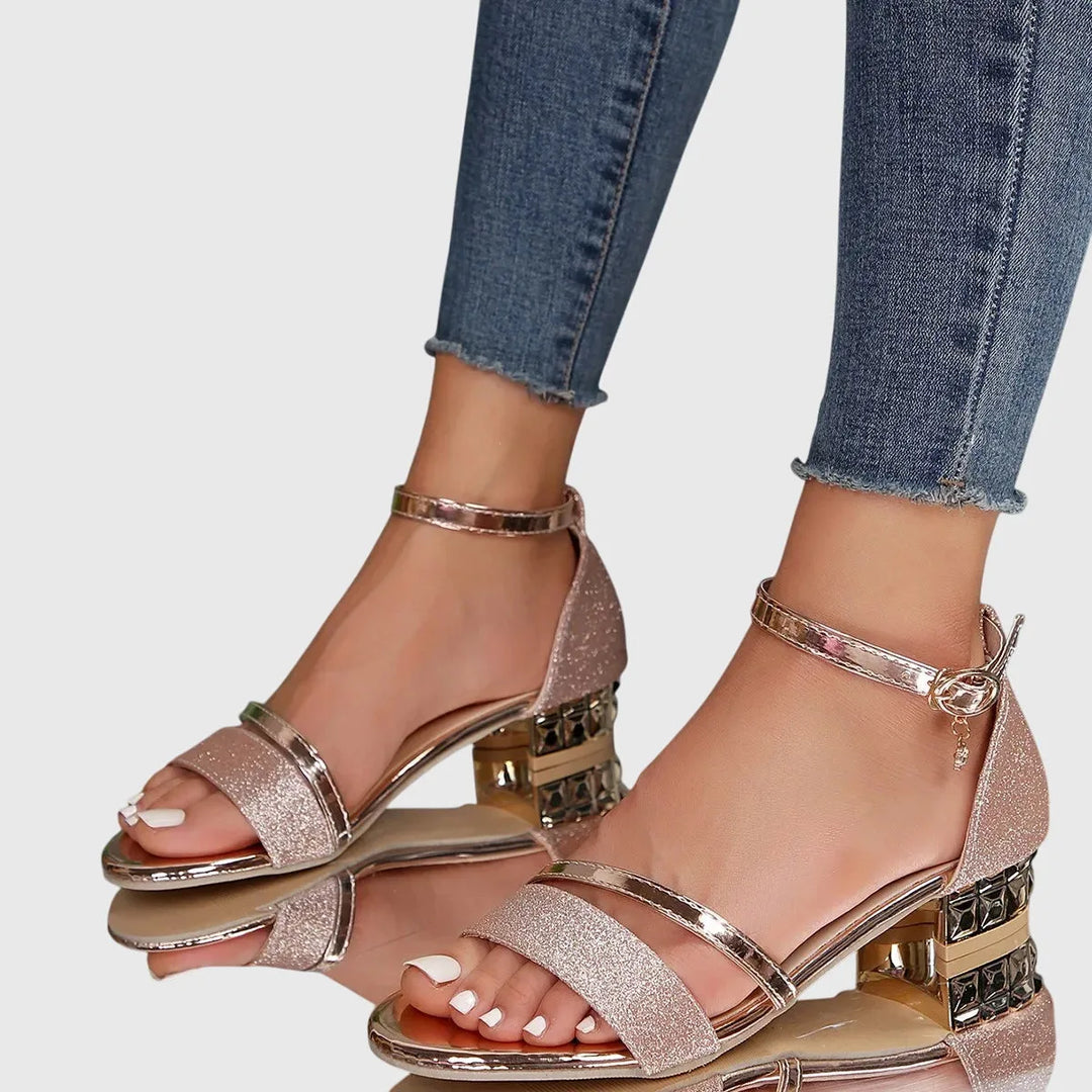 Black metallic block heel sandal, top-down view