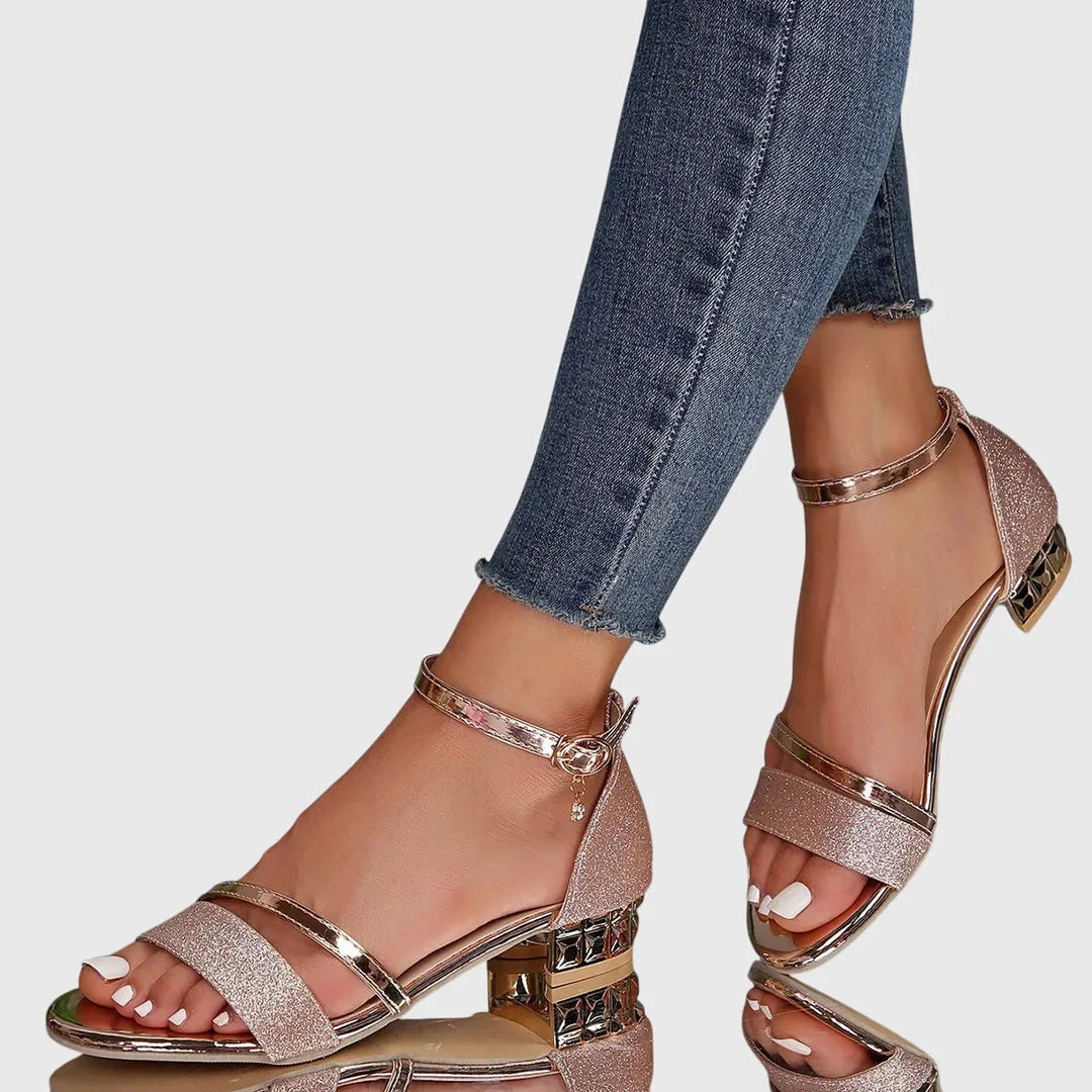 Rose gold metallic block heel sandal, close-up detail view