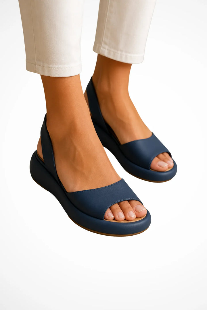 Blue wedge sole slingback sandal, front view