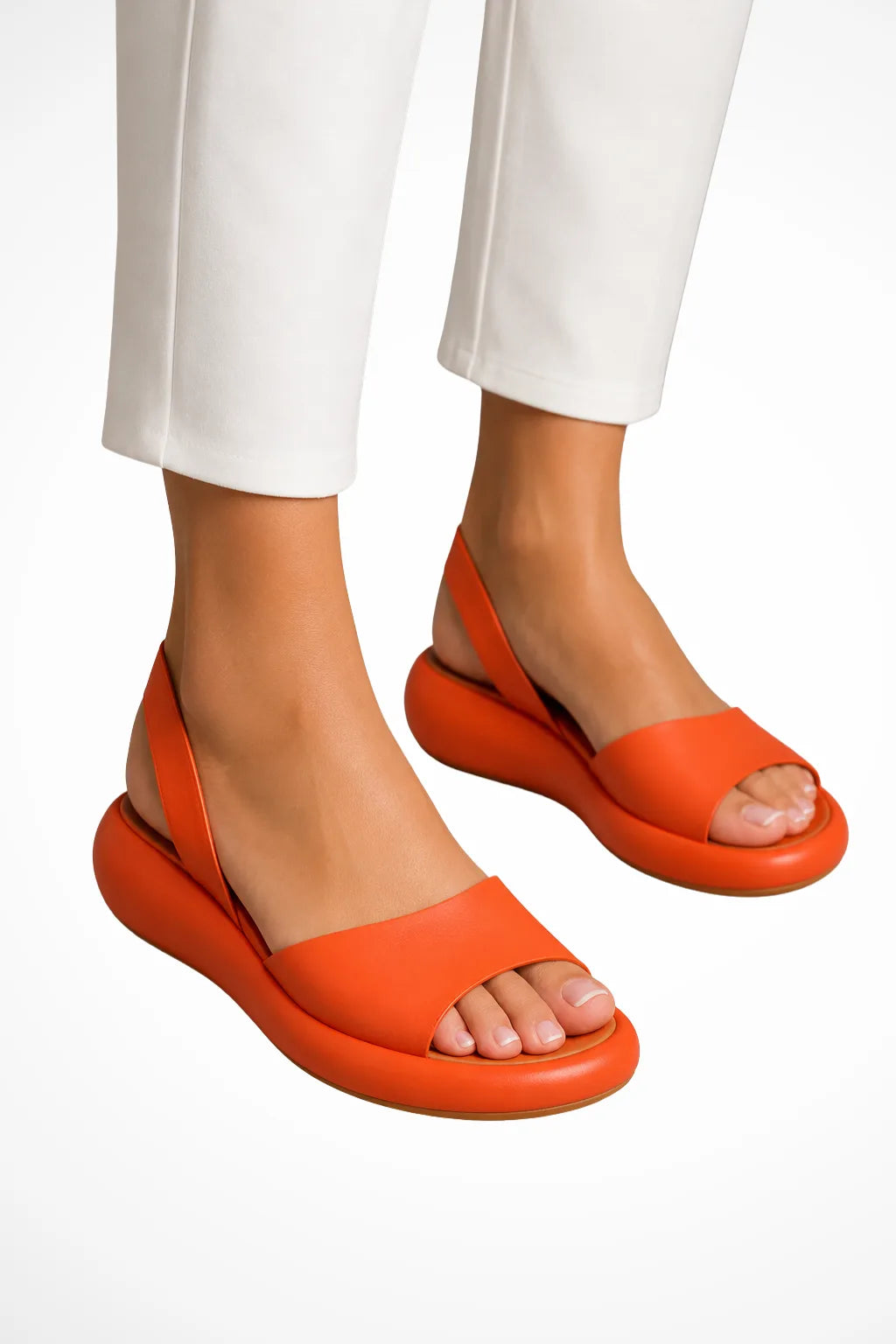 Orange wedge sole slingback sandal, front view
