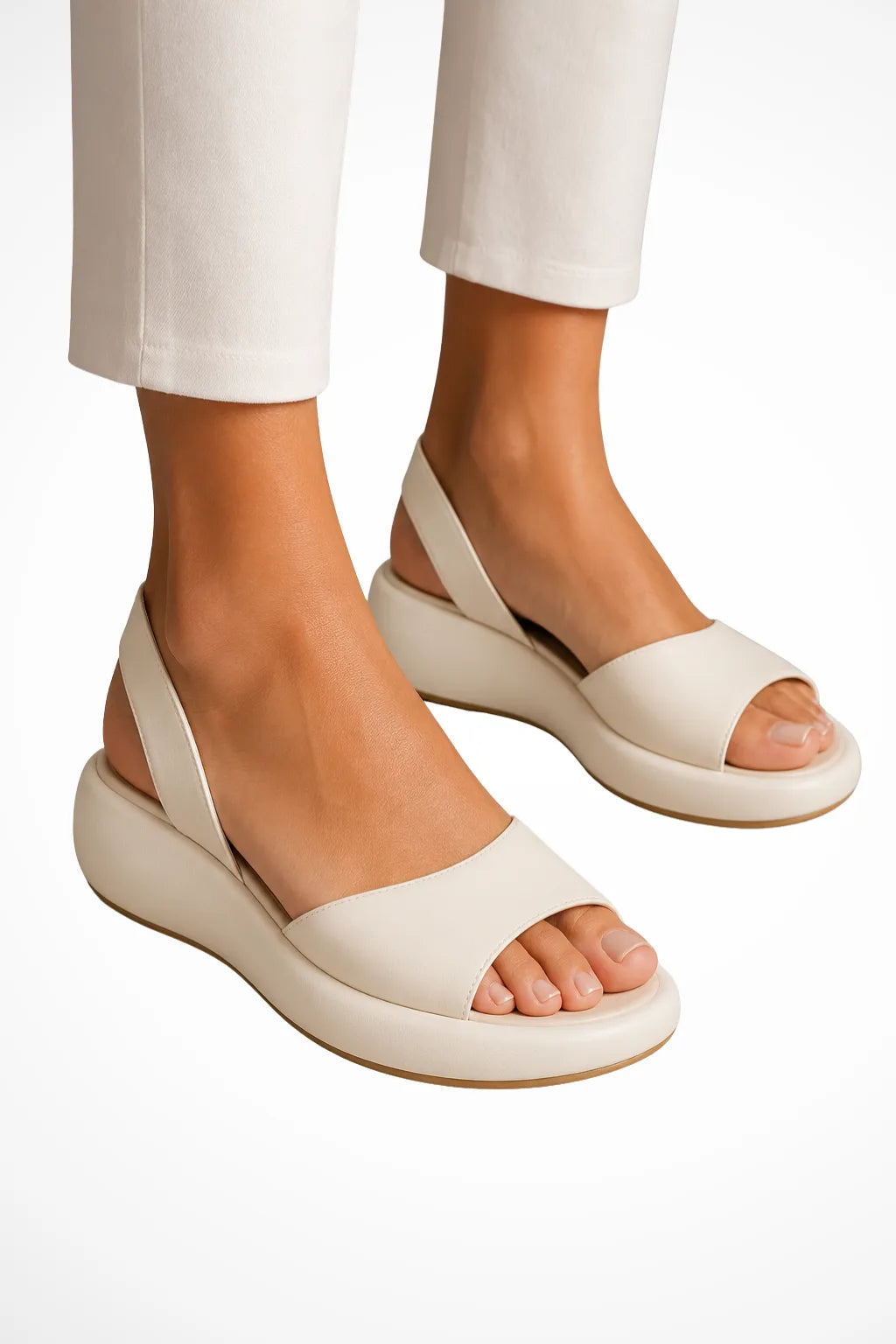 White wedge sole slingback sandal, front view