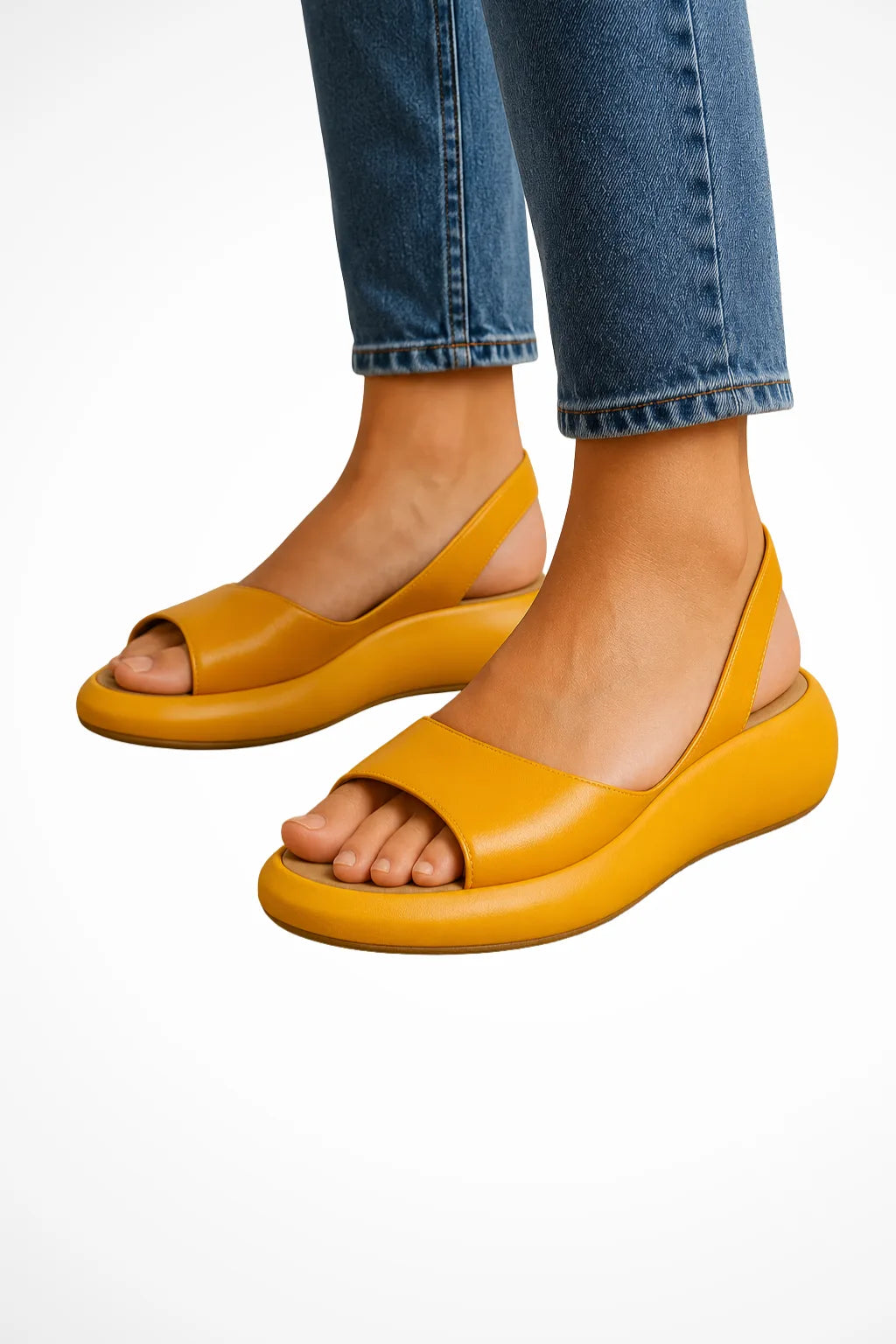 Yellow wedge sole slingback sandal, front view