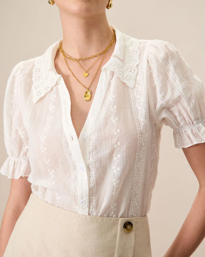 White broderie anglaise blouse on model at three-quarter turn, showing silhouette and sleeve detail