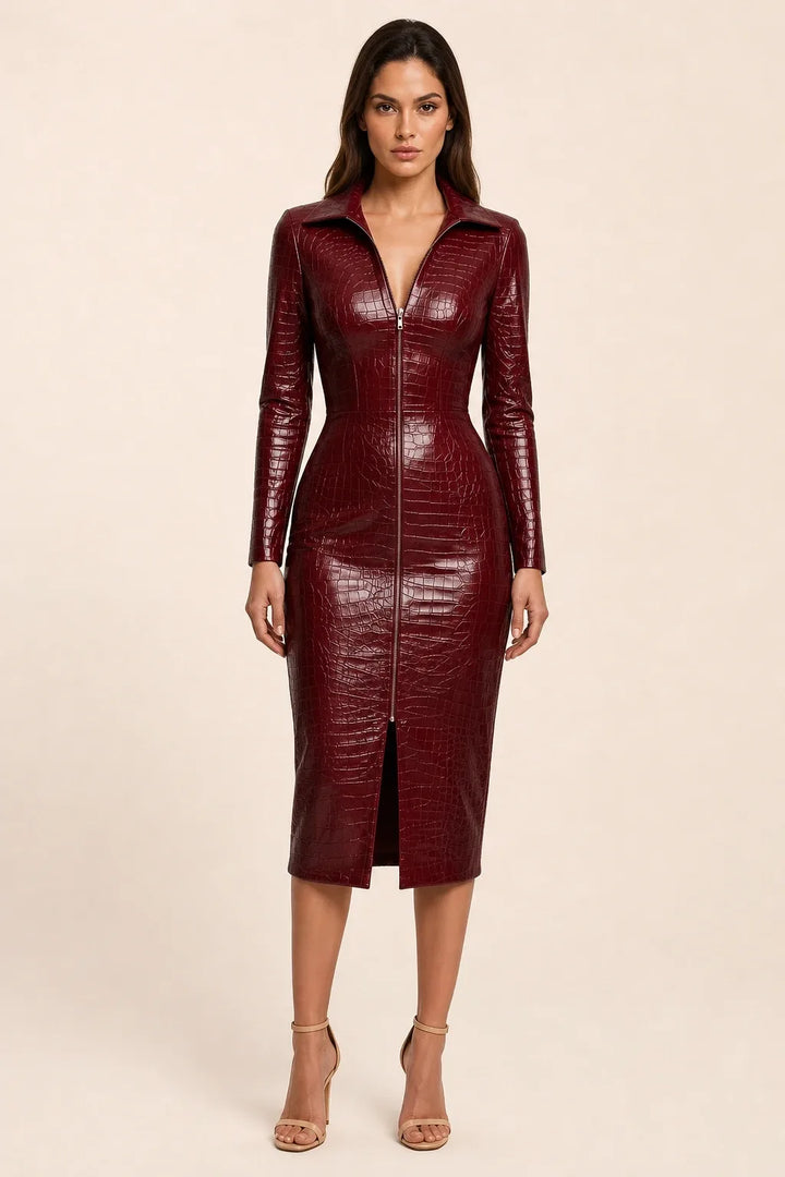 Black and red croc-embossed leather midi skirt on model in contrapposto stance