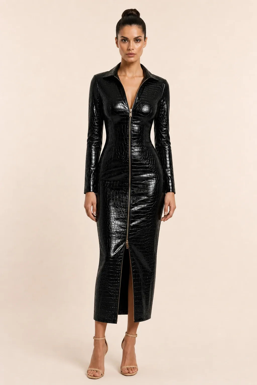Red croc-embossed leather midi skirt on model in contrapposto stance
