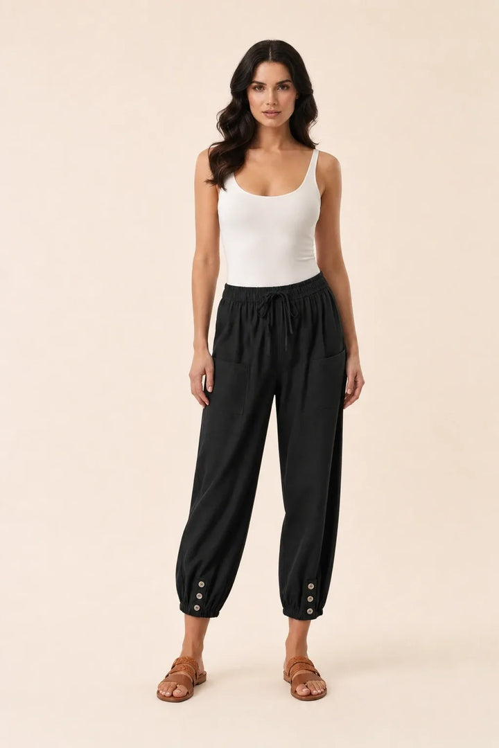 Black drawstring jogger pants on a model in a contrapposto stance