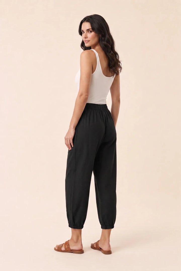 Black drawstring jogger pants on a model in a three-quarter turn pose