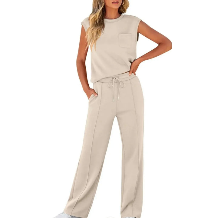 Apricot cap sleeve matching trouser set on standing model