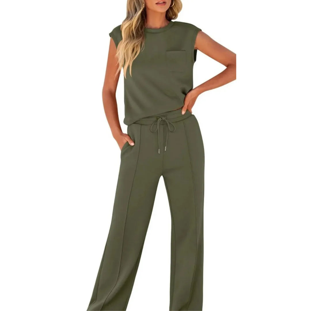 Army green cap sleeve top and wide-leg trousers on standing model