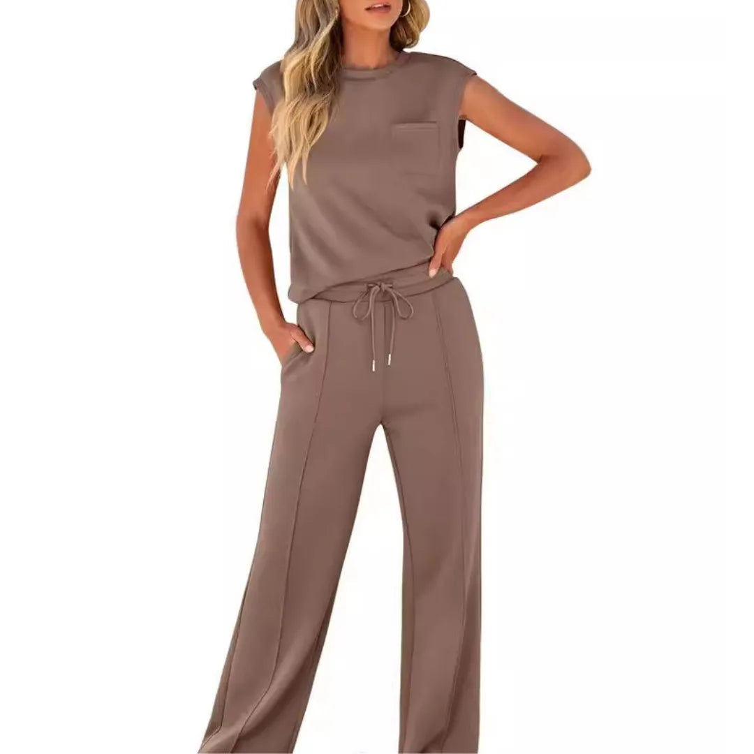 Brown cap sleeve matching trouser set, model in three-quarter turn pose