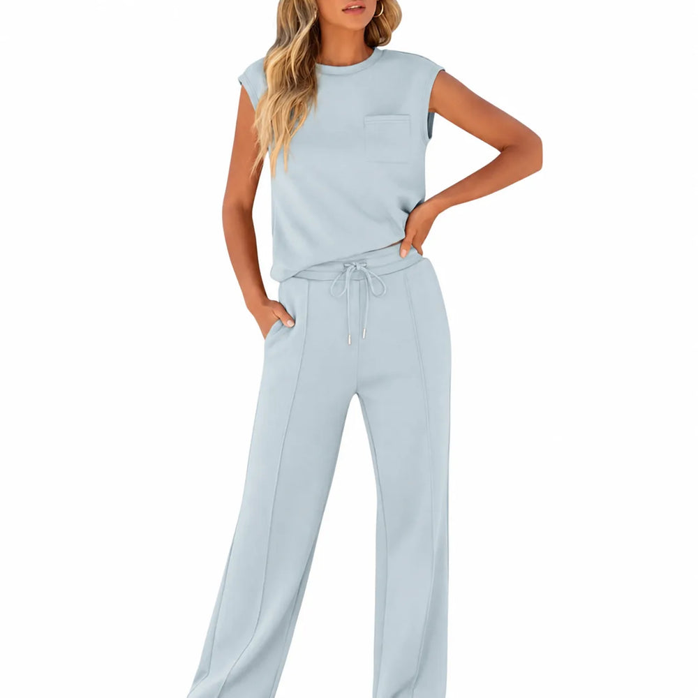 Ocean blue cap sleeve trouser set close-up detail view
