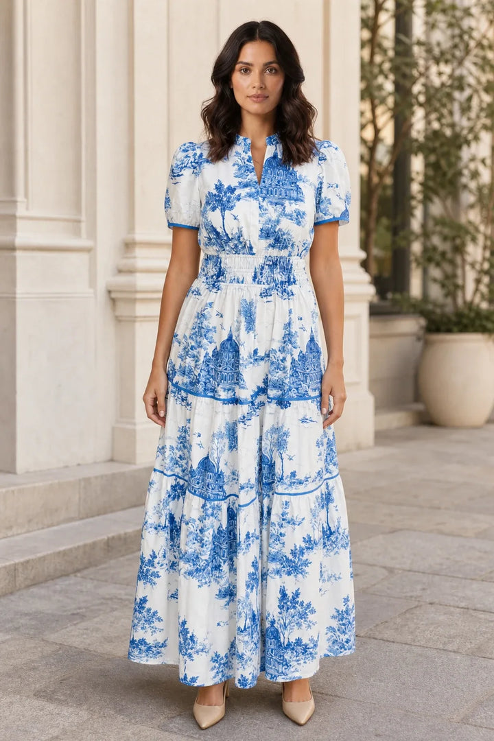 Blue tiered toile maxi dress on a model in a contrapposto stance