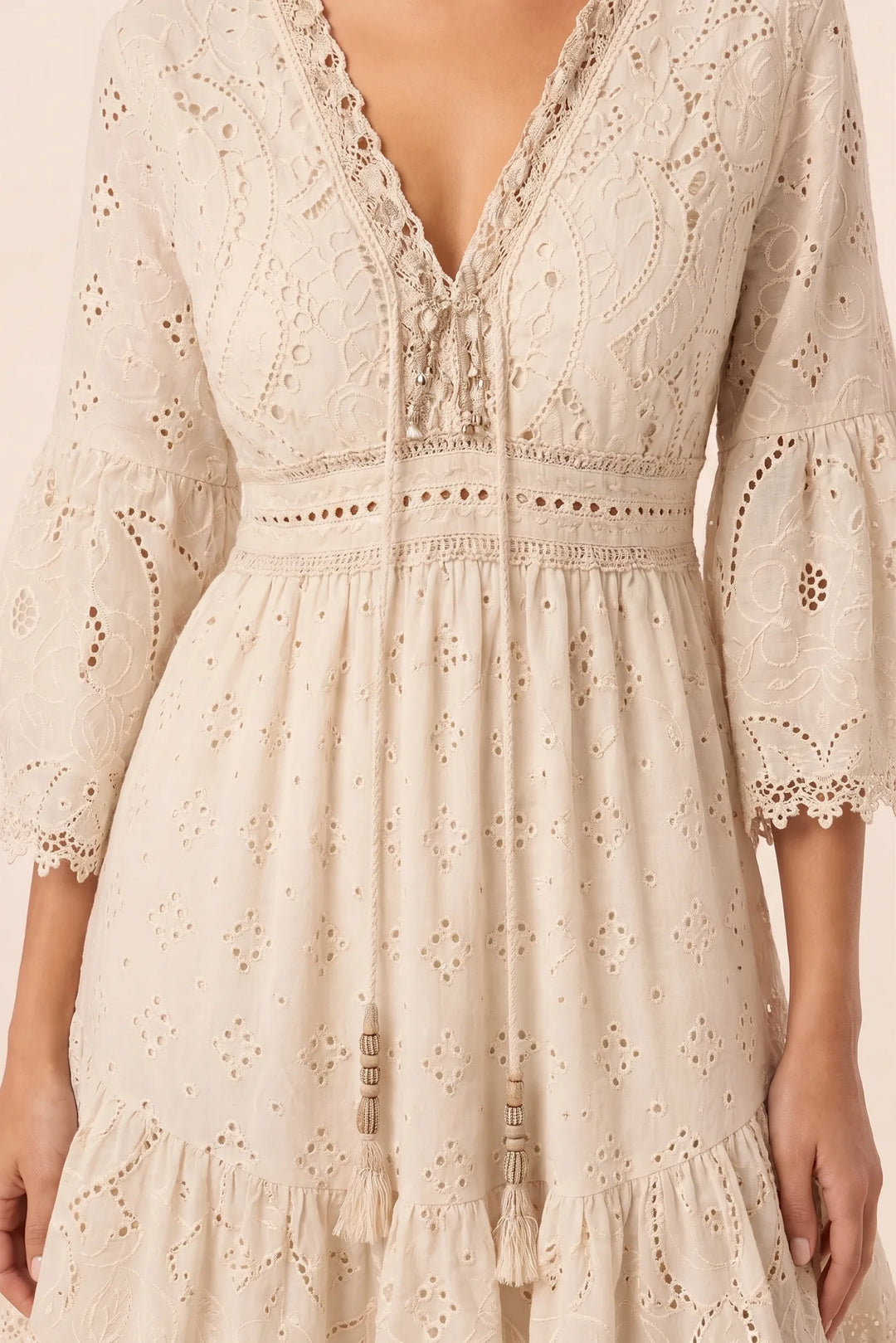 Close-up detail of light yellow lace eyelet fabric and dress construction