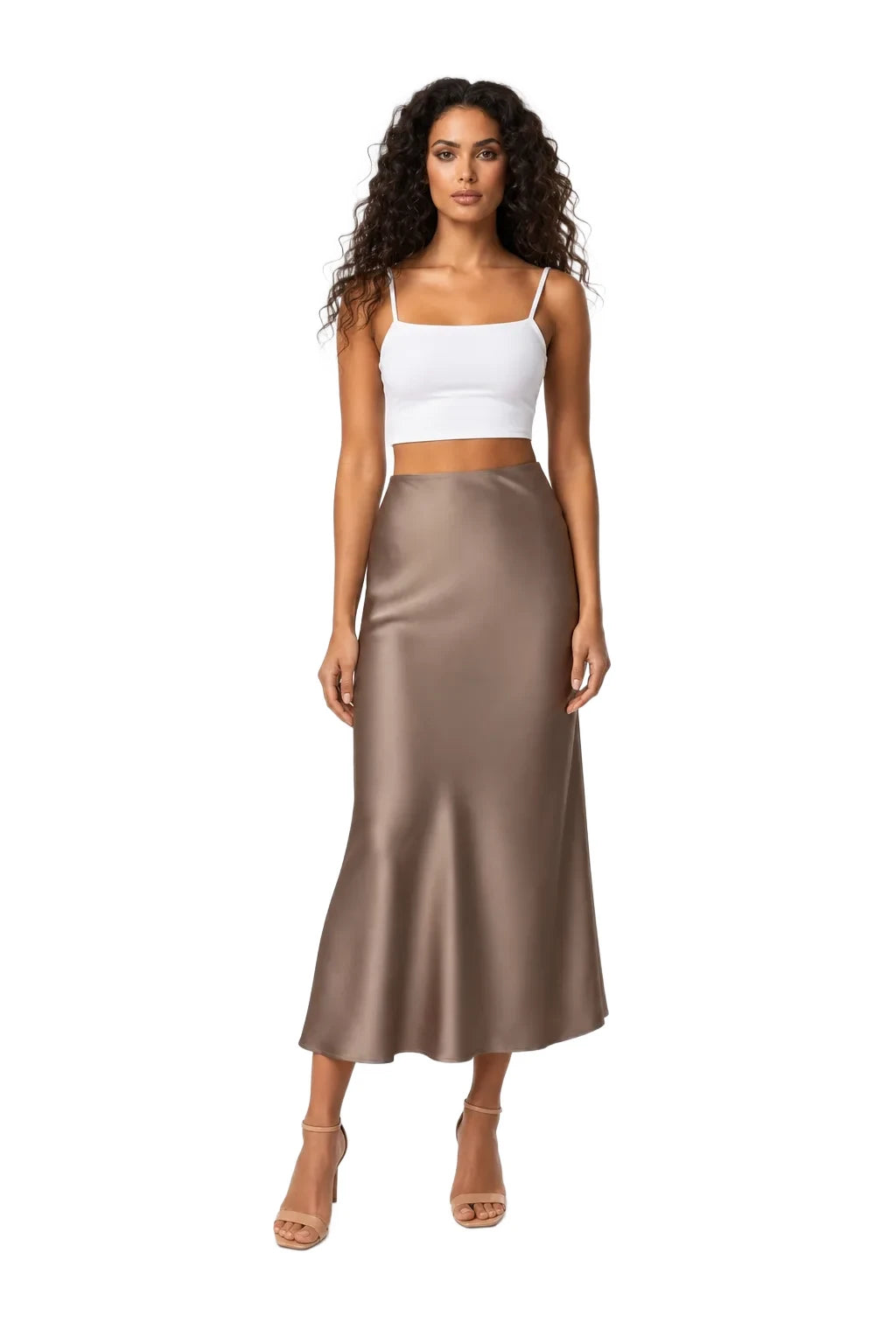 Brown satin midi skirt on model in contrapposto stance