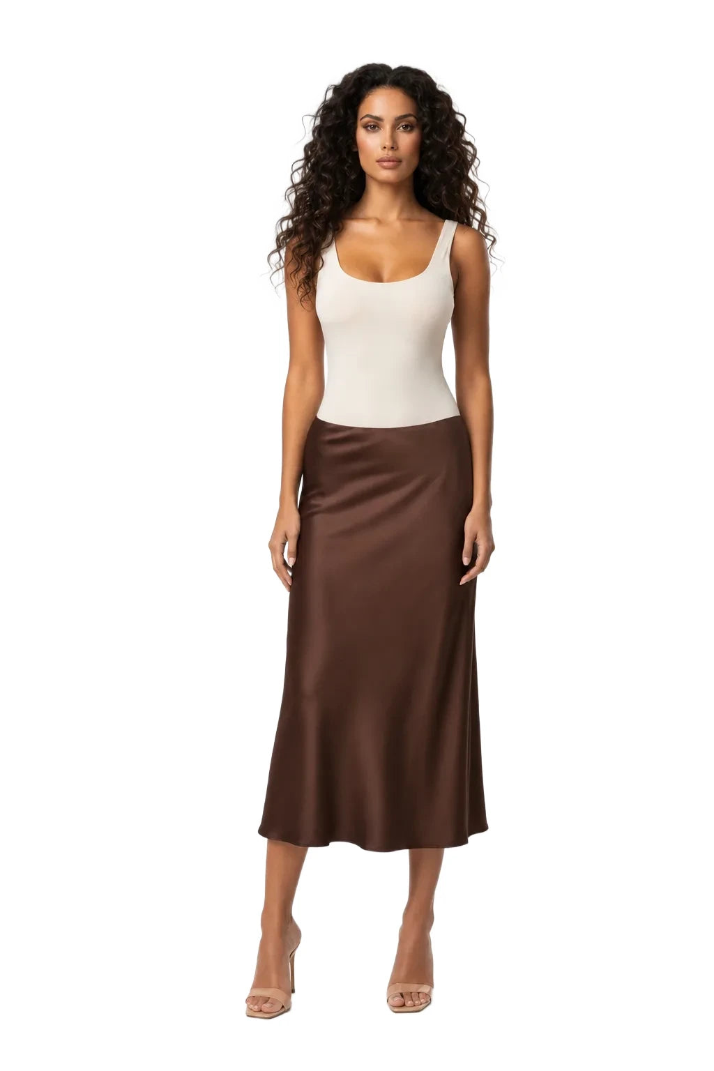 Dark brown satin midi skirt on model in contrapposto stance