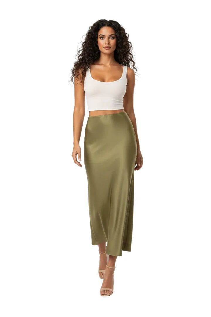 Dark green satin midi skirt on model in natural movement