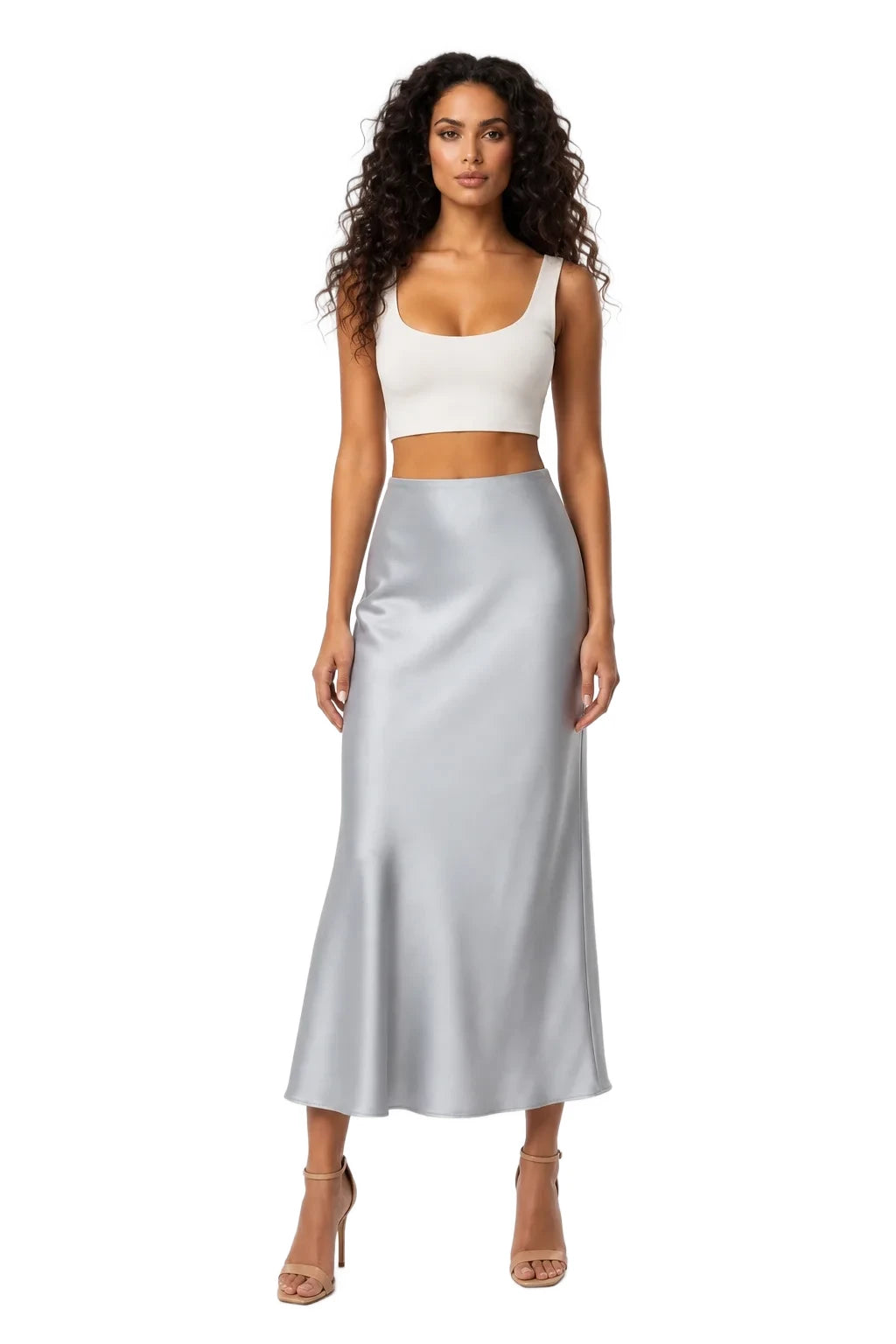 Gray satin midi skirt on model in contrapposto stance