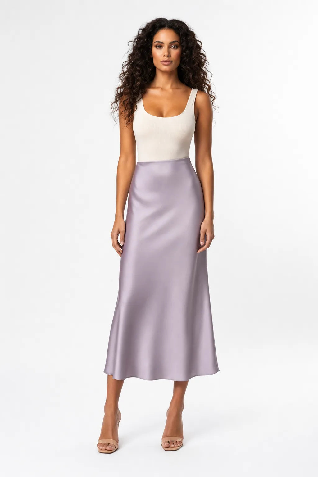 Purple satin midi skirt on model in contrapposto stance