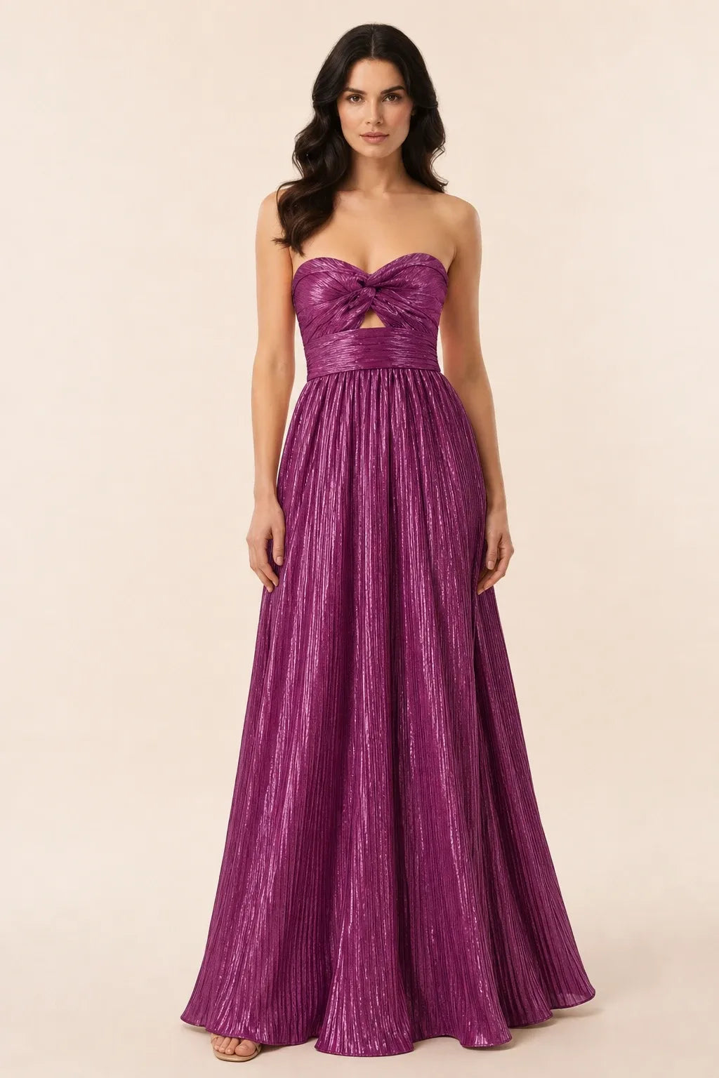 Purple twist front floor-length gown on model in contrapposto stance