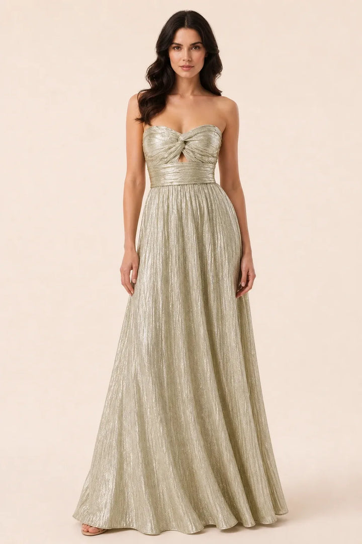 Silver twist front floor-length gown on model in contrapposto stance