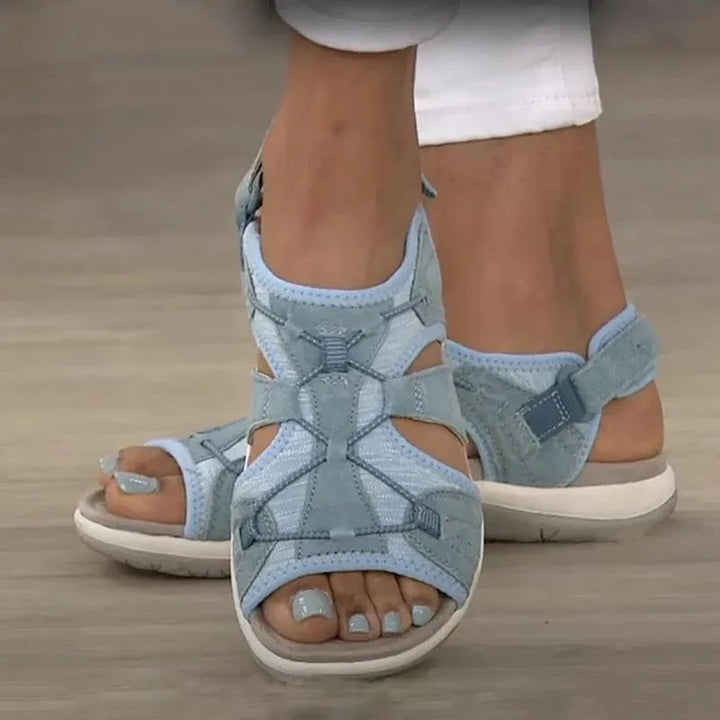 Blue velcro strap cutout sandal, front view