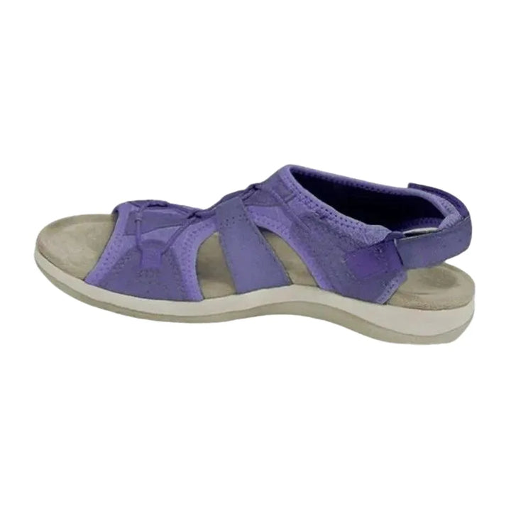 Lavender velcro strap cutout sandal, styled view