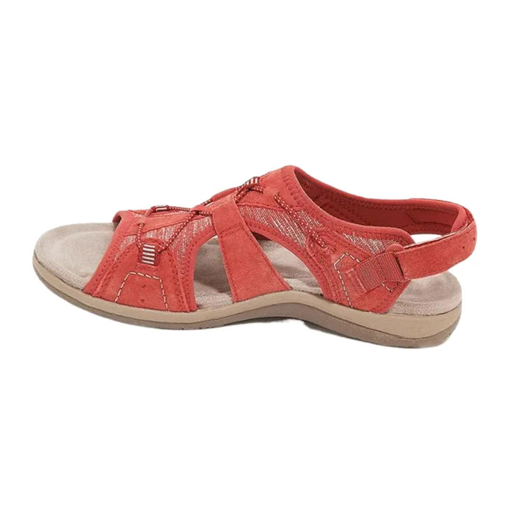 Red velcro strap cutout sandal, pair view