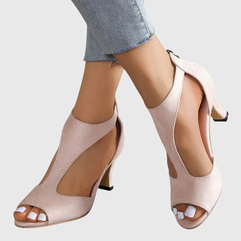 Pink cutout block heel sandal, front view