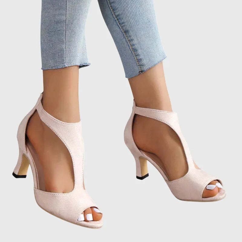 Pink cutout block heel sandal, side profile view