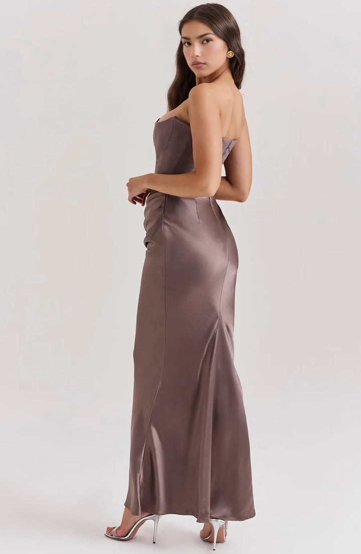 Black corset maxi gown on model, alternate view