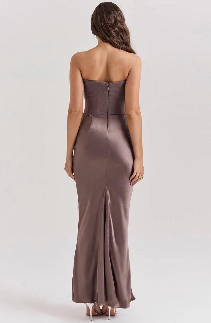 Black corset maxi gown on model, alternate view