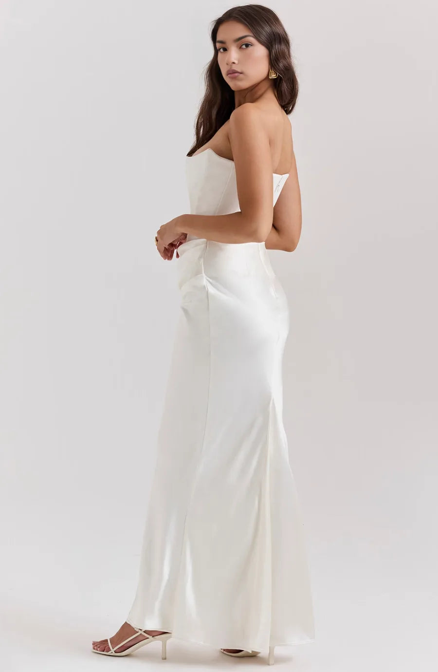 Black corset maxi gown on model, alternate view