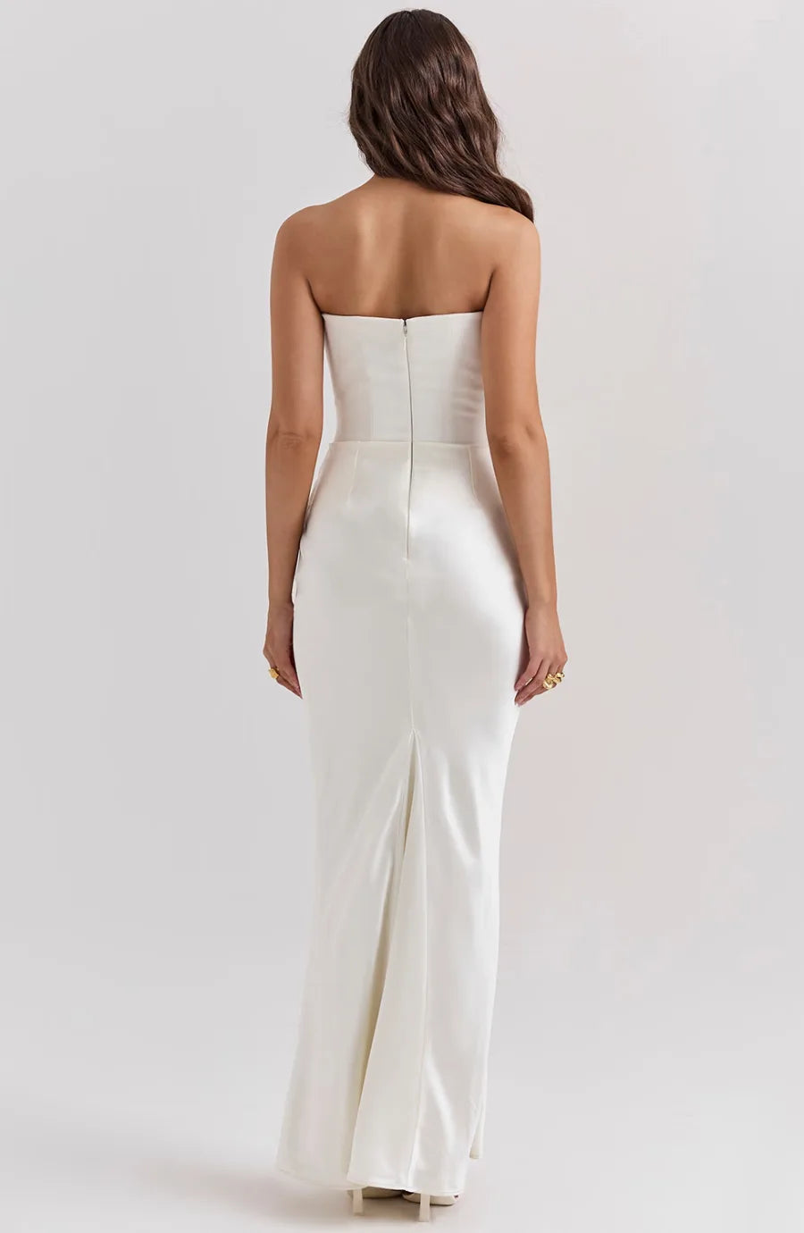 Black corset maxi gown on model, alternate view