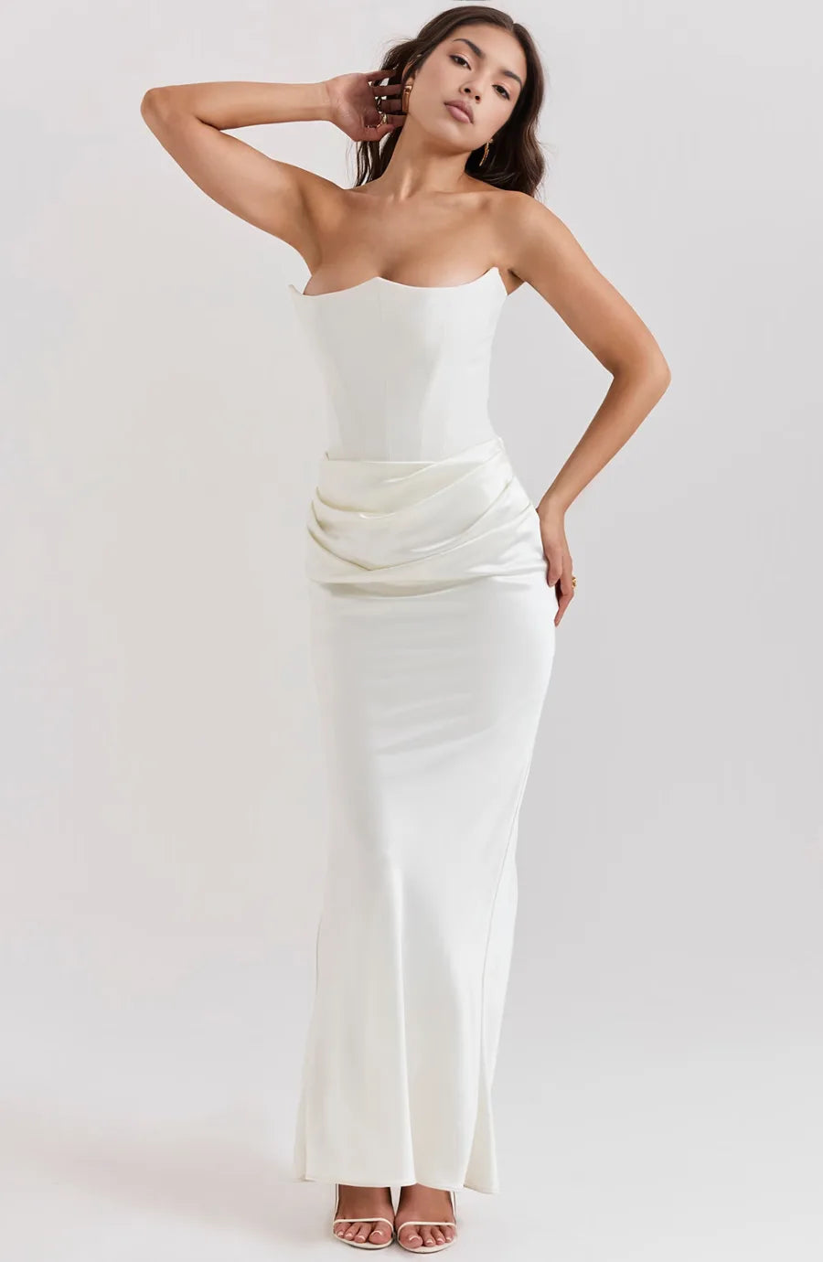 Black corset maxi gown on model, alternate view