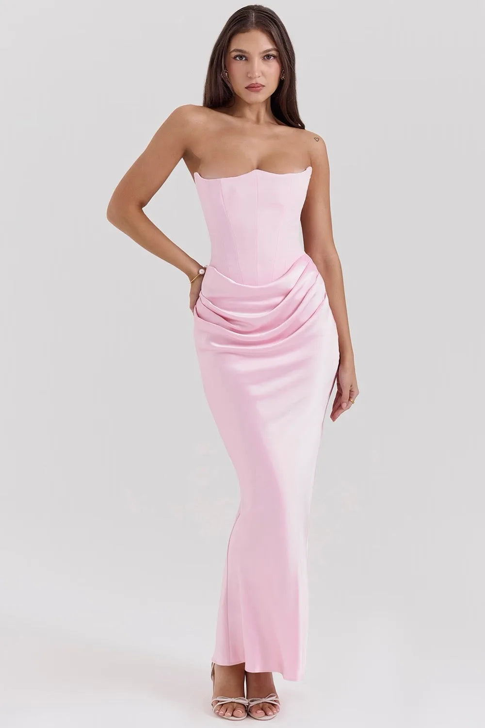 Black corset maxi gown on model, alternate view