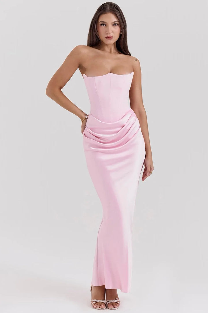 Black corset maxi gown on model, alternate view