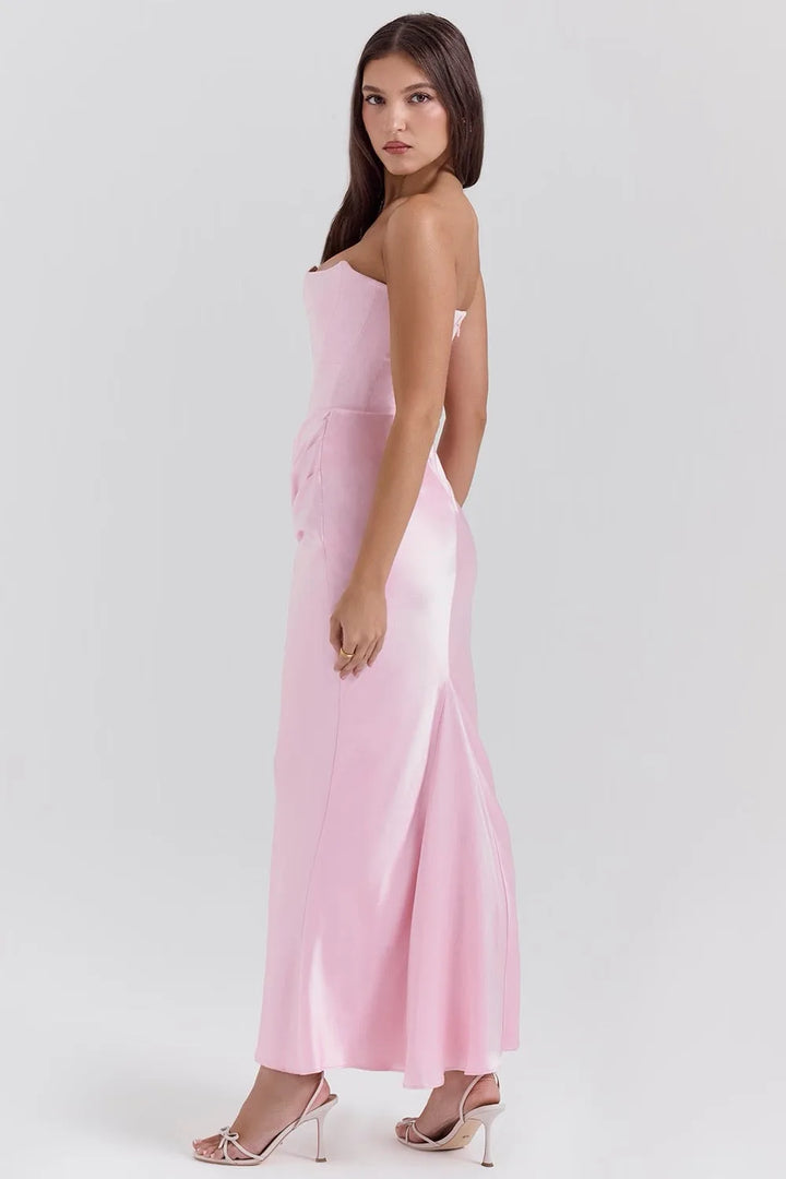 Black corset maxi gown on model, alternate view