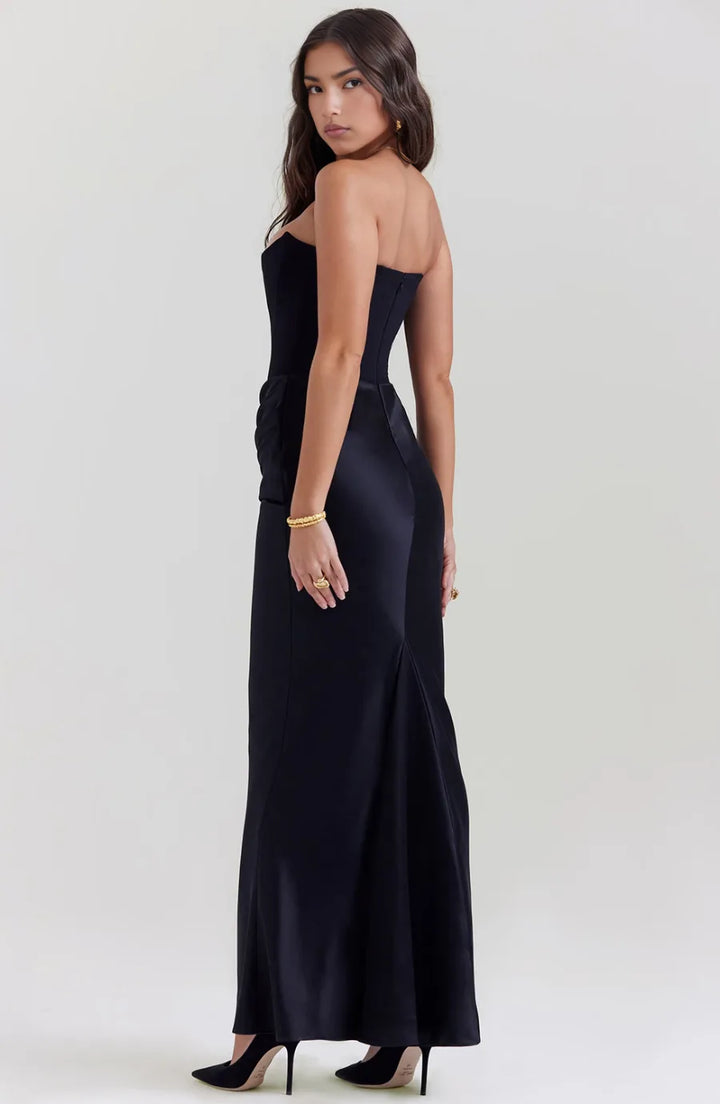 Black corset maxi gown on model, alternate view