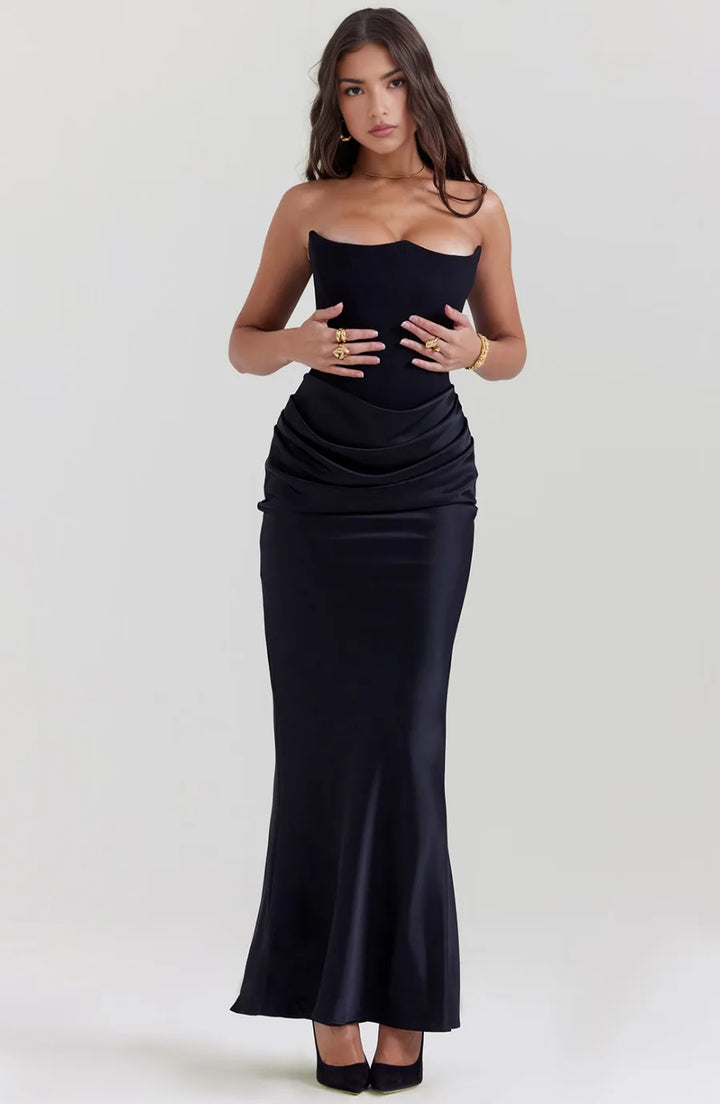 Black corset maxi gown on model, alternate view