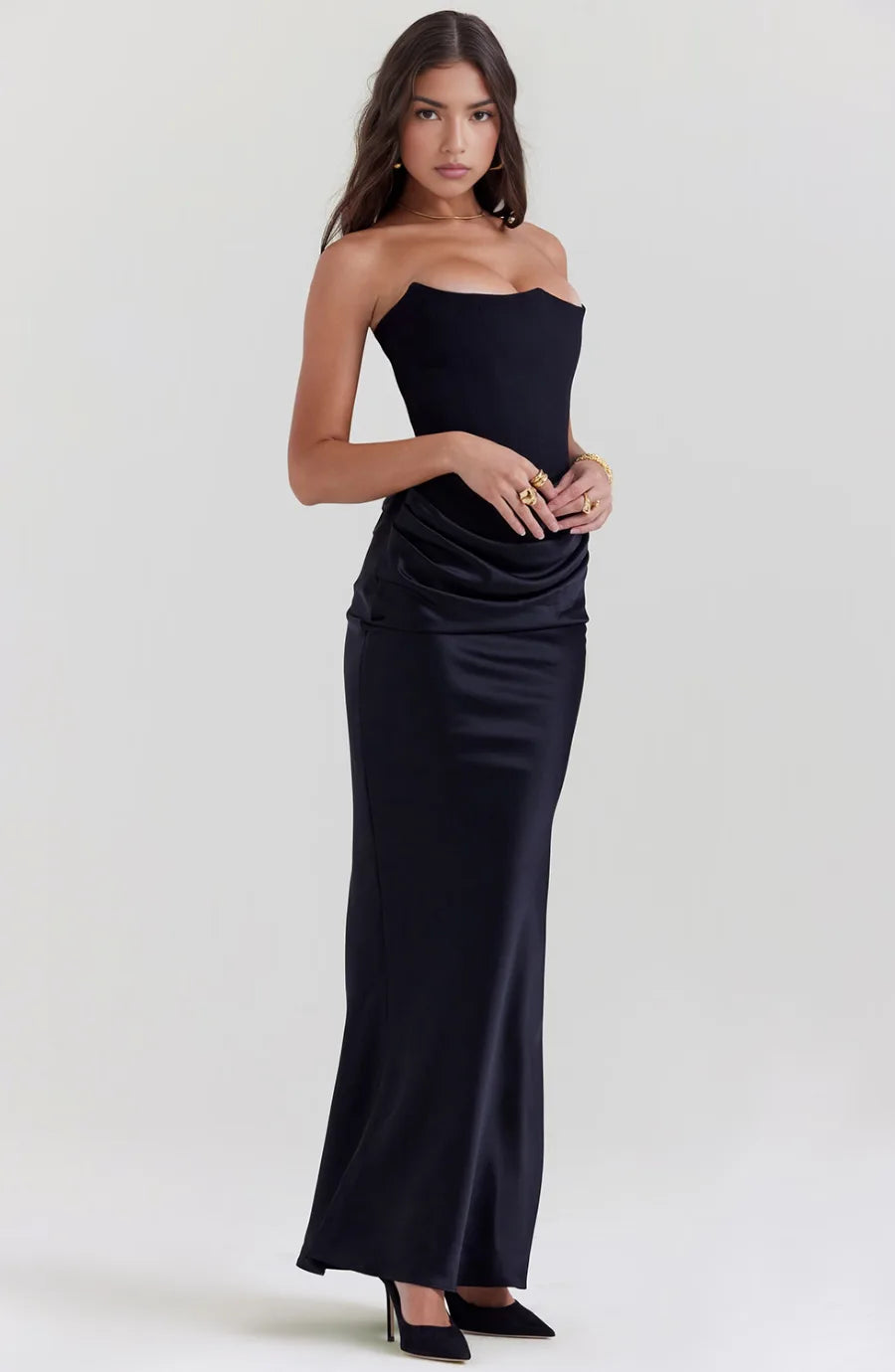 Black corset maxi gown on model, alternate view