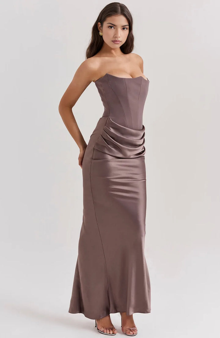 Black corset maxi gown on model, alternate view