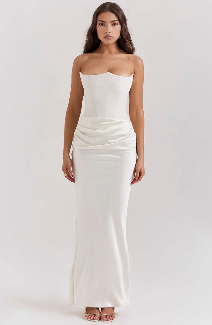 White corset maxi gown on standing model