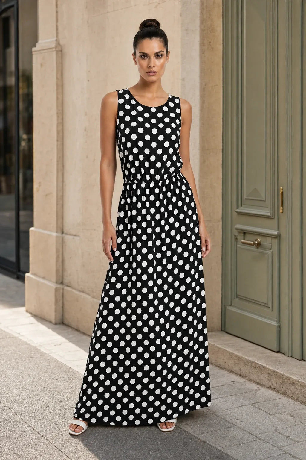 Black polka dot maxi dress on model in contrapposto stance