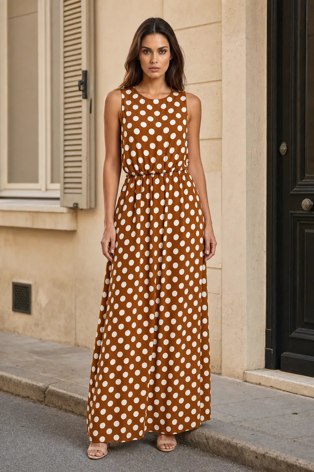 Polka Dot Sleeveless Elastic Waist Casual Summer Maxi Dress for Women, Brown / L